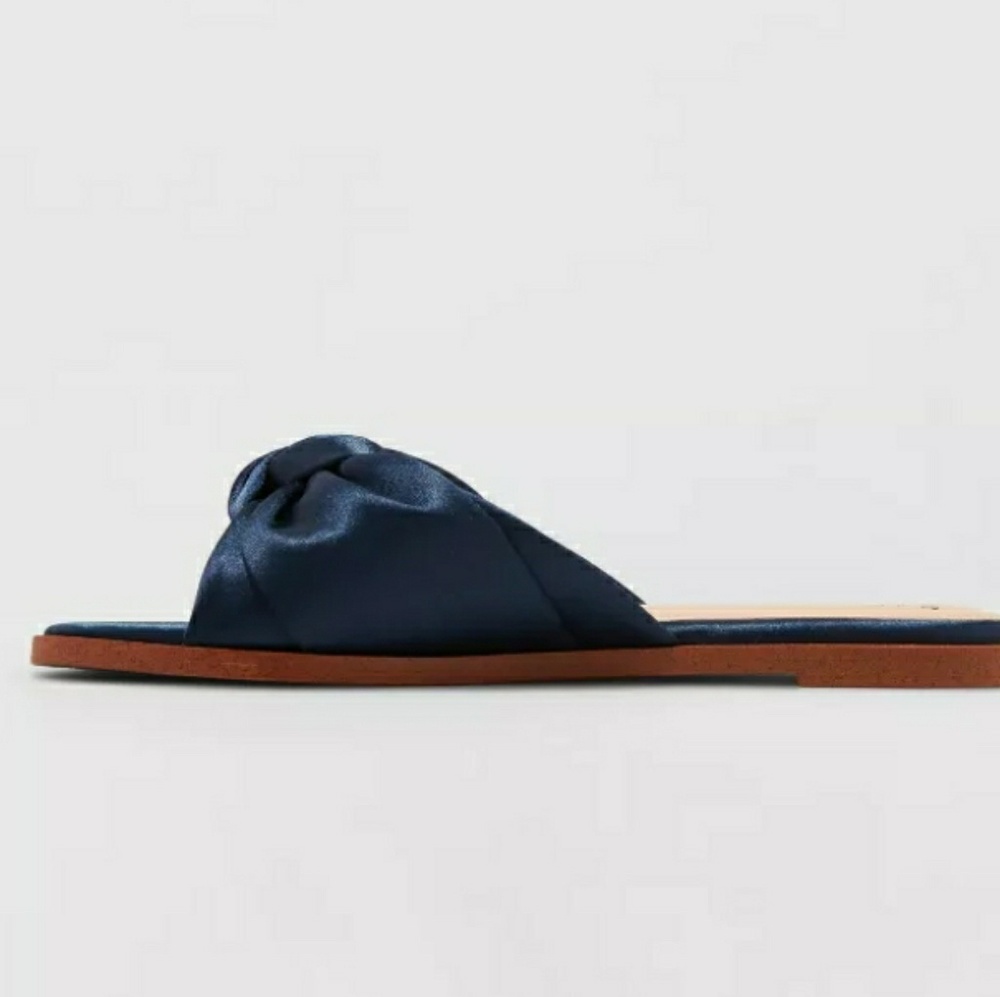 Navy Satin Tie Knot Slide Sandals - Picture 2 of 2